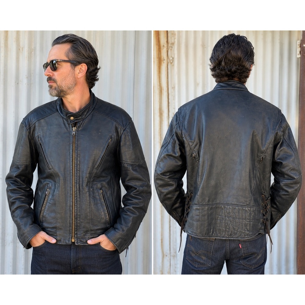 Iron Hides Mens Black Leather Motorcycle Jacket Made in USA Cafe Racer Size 46